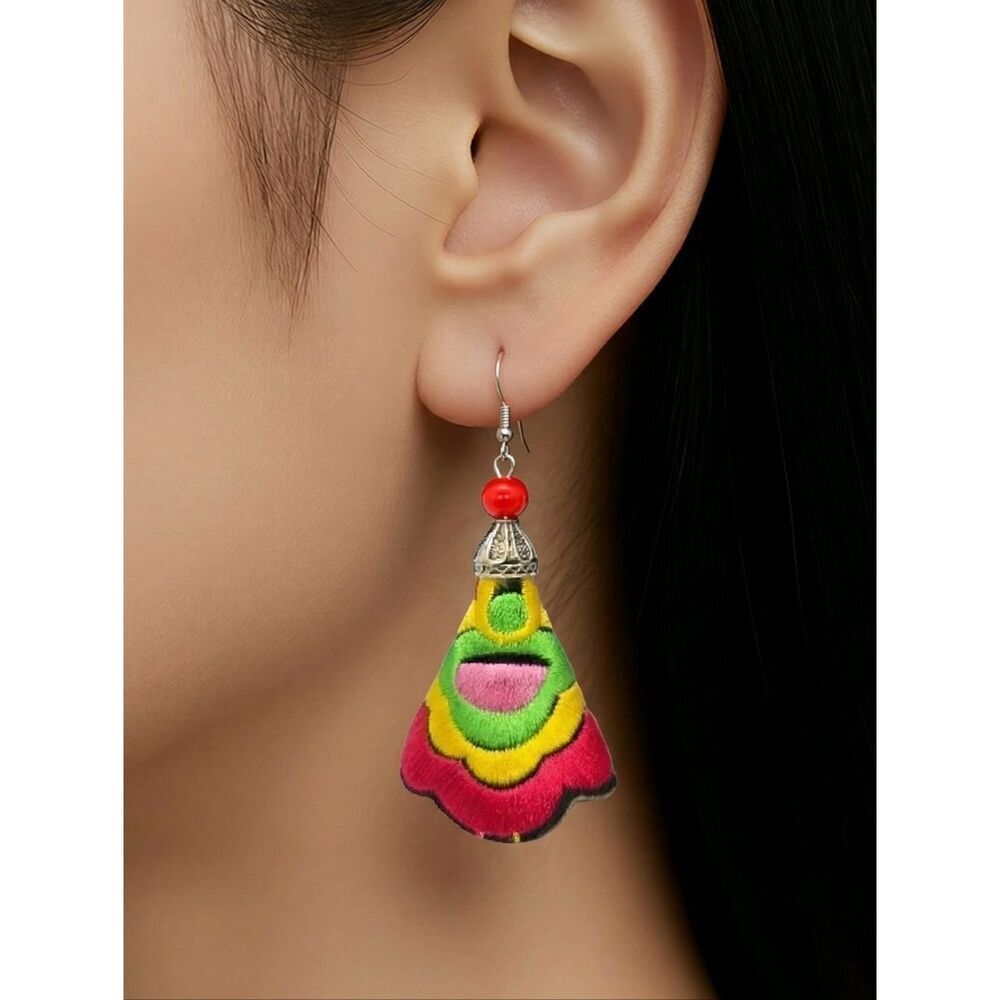 Handmade Colorful Embroidered Harmony Earrings Tribal Tulip Fabric Fan Artisan